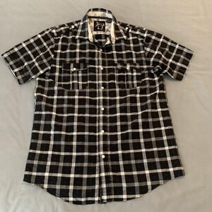 Age Of Wisdom Shirt Mens Medium Black Plaid Snap Front Short Sleeve Casual